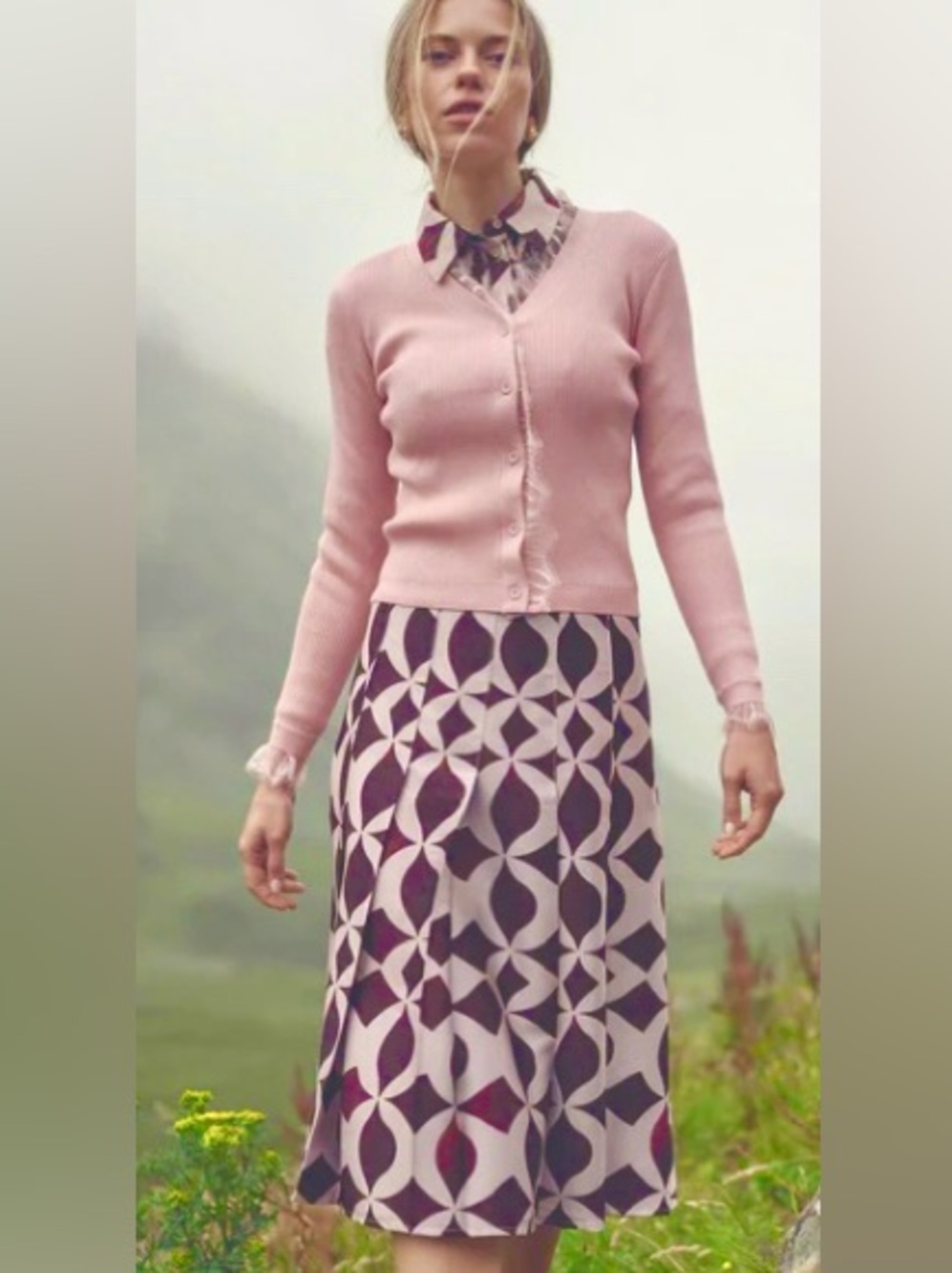 Burgundy and Light Pink Geometric Print Pleated Midi Skirt: Size 6